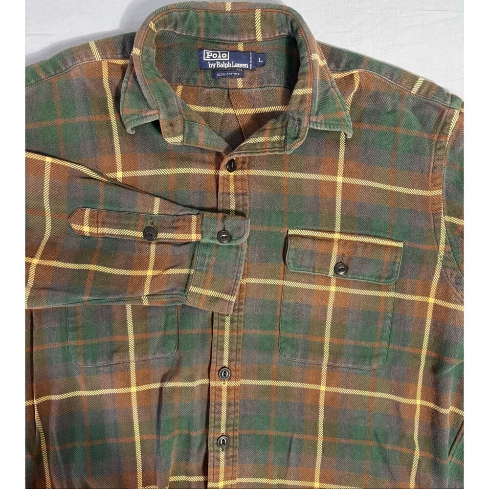 Polo Ralph Lauren Mens Large Long Sleeve Button Up Flannel Green Brown Plaid